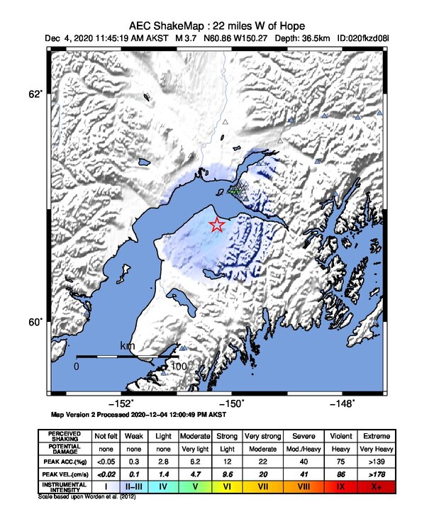 USGS ShakeMap intensity contours for the M3.5 earthquake near 22 km E of Point Possession, Alaska