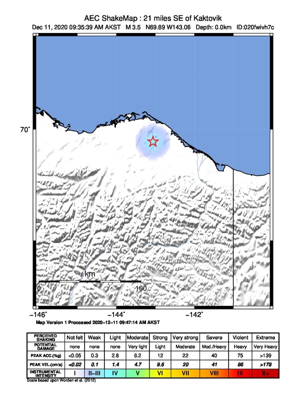 USGS ShakeMap intensity contours for the M3.2 earthquake near 79 km SSW of Kaktovik, Alaska