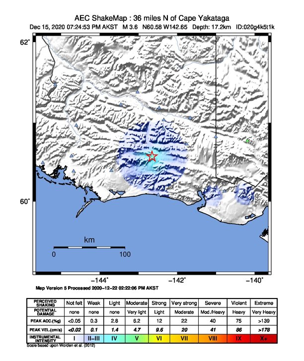 USGS ShakeMap: estimated shaking intensity around the epicenter