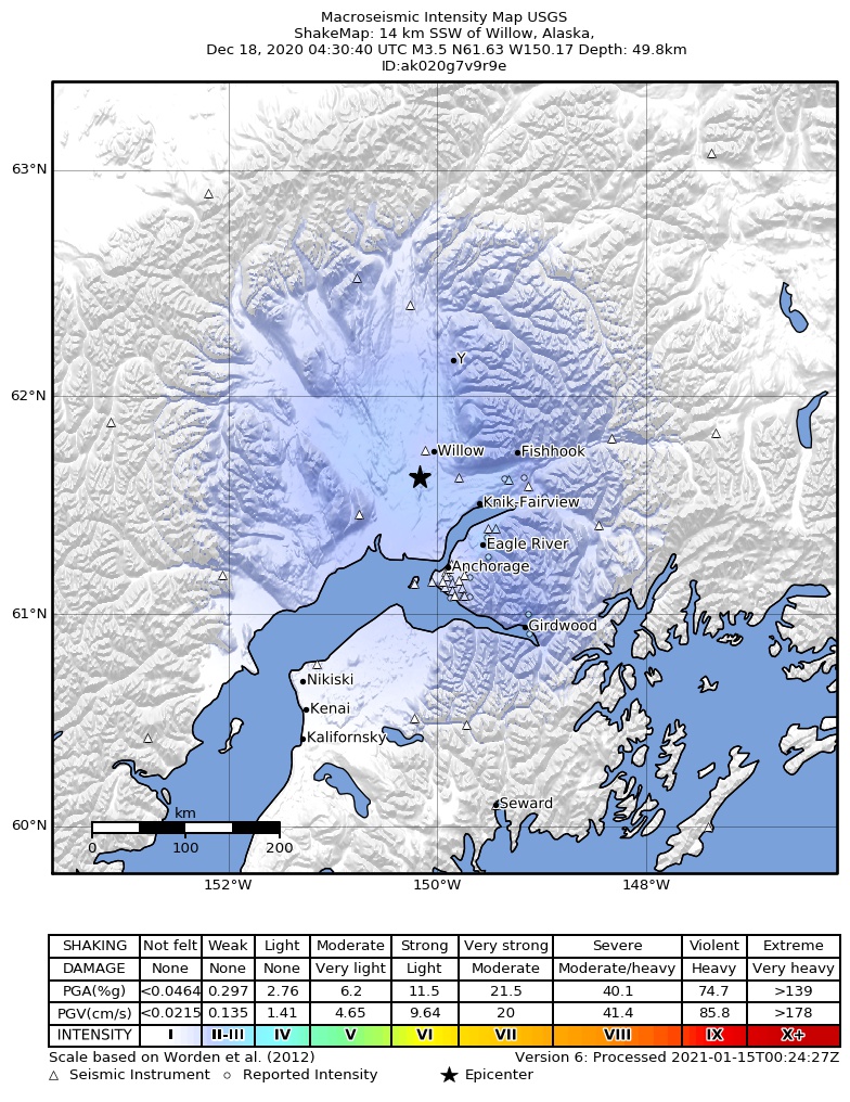 USGS ShakeMap: estimated shaking intensity around the epicenter
