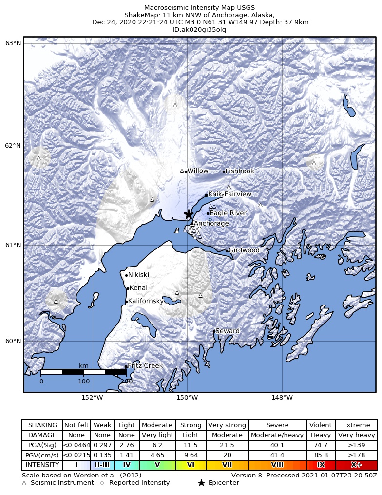 USGS ShakeMap: estimated shaking intensity around the epicenter