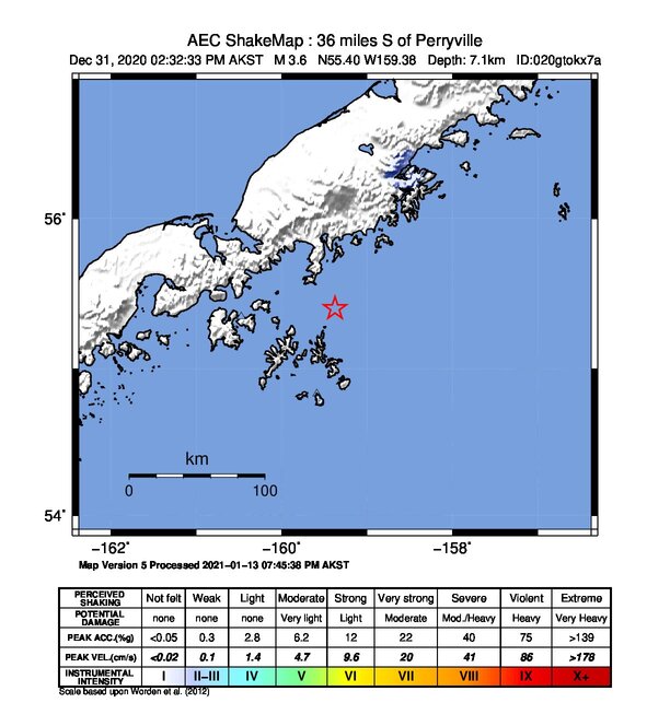 USGS ShakeMap intensity contours for the M3.6 earthquake near 55 km S of Ivanof Bay, Alaska