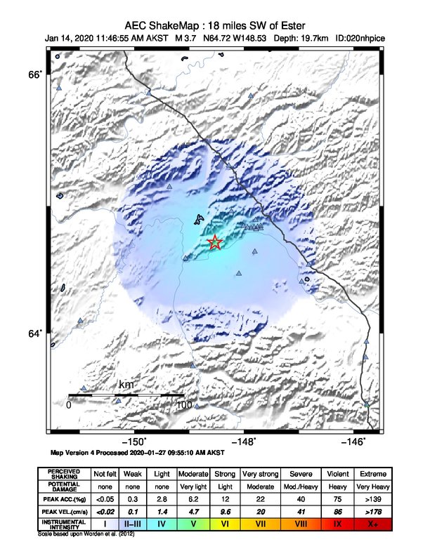 USGS ShakeMap: estimated shaking intensity around the epicenter