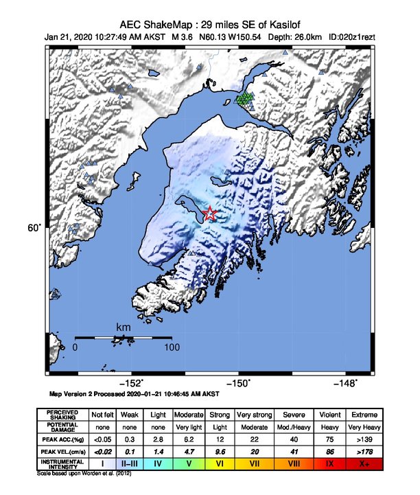 USGS ShakeMap: estimated shaking intensity around the epicenter