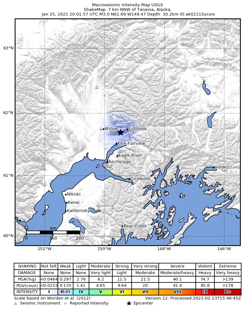 USGS ShakeMap: estimated shaking intensity around the epicenter