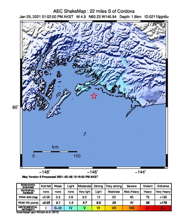USGS ShakeMap intensity contours for the M4.9 earthquake near 36 km SSW of Cordova, Alaska