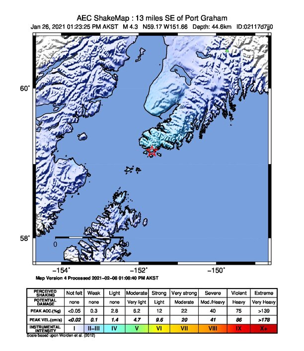 USGS ShakeMap intensity contours for the M4.3 earthquake near 21 km SSE of Port Graham, Alaska