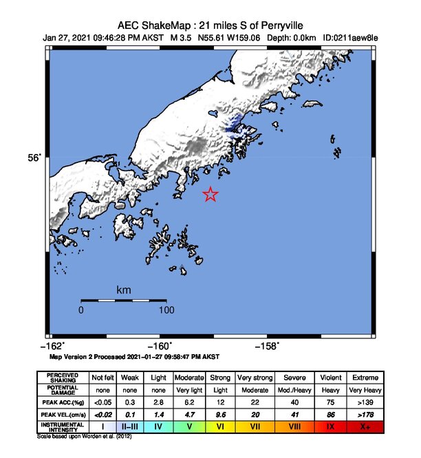 USGS ShakeMap: estimated shaking intensity around the epicenter