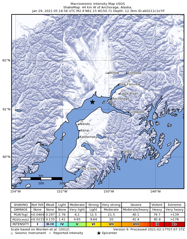 USGS ShakeMap: estimated shaking intensity around the epicenter