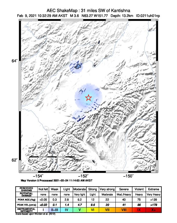 USGS ShakeMap intensity contours for the M3.6 earthquake near 30 km S of Denali National Park, Alaska