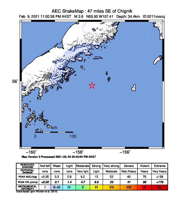USGS ShakeMap: estimated shaking intensity around the epicenter