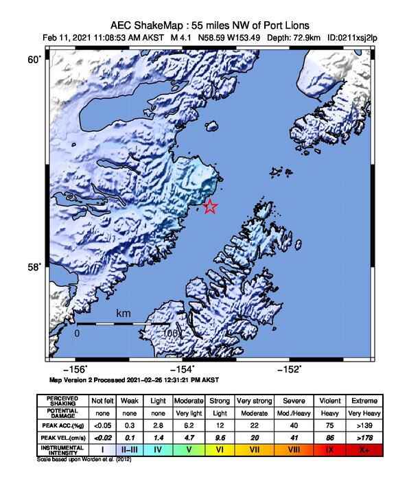 USGS ShakeMap: estimated shaking intensity around the epicenter
