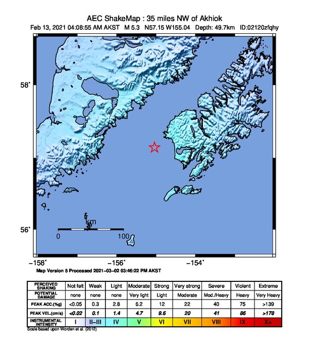 USGS ShakeMap intensity contours for the M5.3 earthquake near 57 km WNW of Akhiok, Alaska