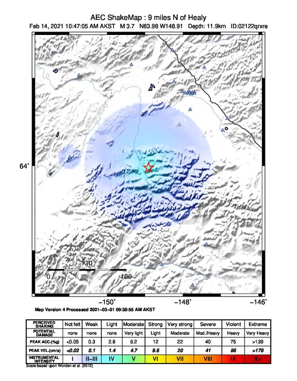 USGS ShakeMap: estimated shaking intensity around the epicenter