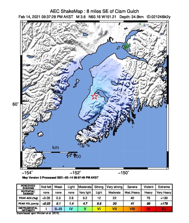 USGS ShakeMap: estimated shaking intensity around the epicenter