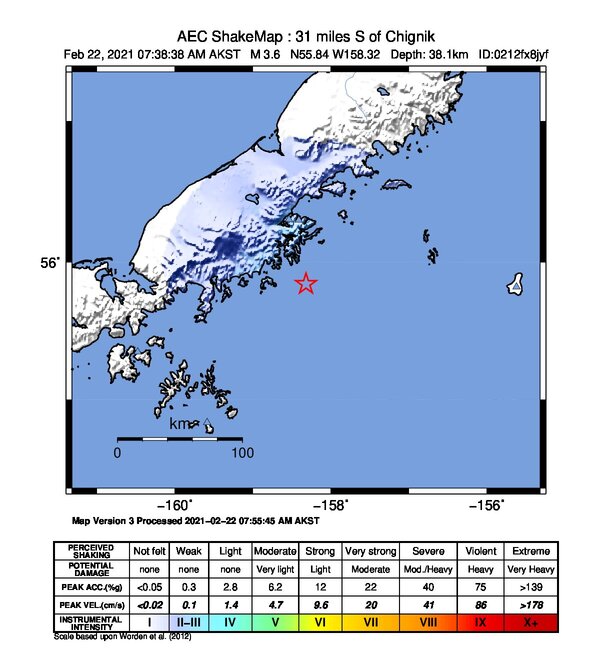 USGS ShakeMap: estimated shaking intensity around the epicenter