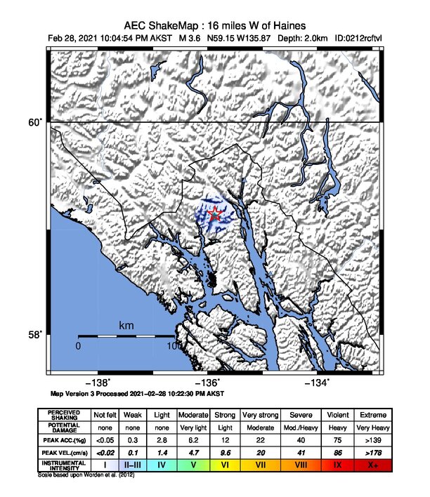USGS ShakeMap: estimated shaking intensity around the epicenter