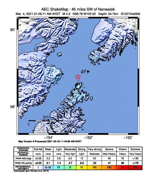 USGS ShakeMap: estimated shaking intensity around the epicenter