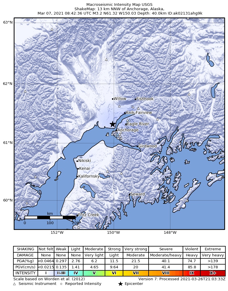 USGS ShakeMap: estimated shaking intensity around the epicenter