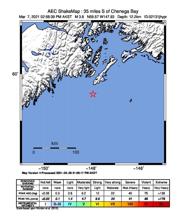 USGS ShakeMap: estimated shaking intensity around the epicenter