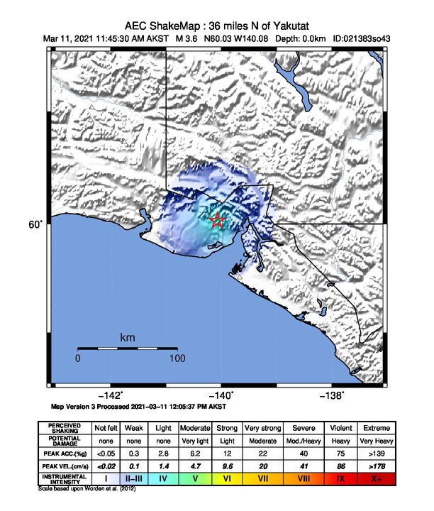 USGS ShakeMap: estimated shaking intensity around the epicenter
