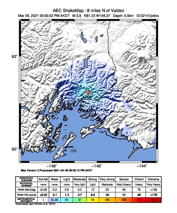 USGS ShakeMap: estimated shaking intensity around the epicenter
