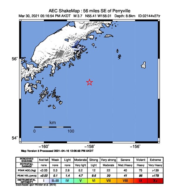 USGS ShakeMap: estimated shaking intensity around the epicenter