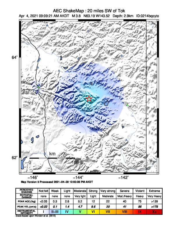 USGS ShakeMap: estimated shaking intensity around the epicenter