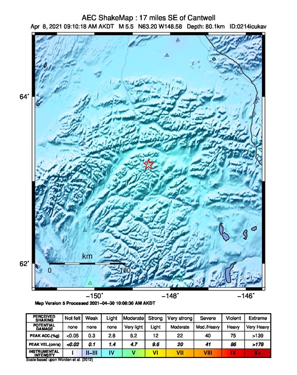 USGS ShakeMap: estimated shaking intensity around the epicenter