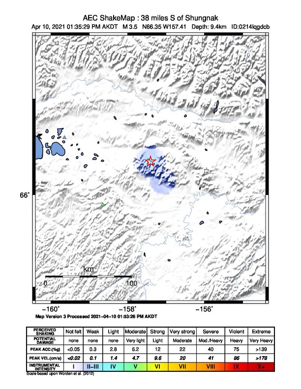 USGS ShakeMap intensity contours for the M3.2 earthquake near 61 km S of Shungnak, Alaska