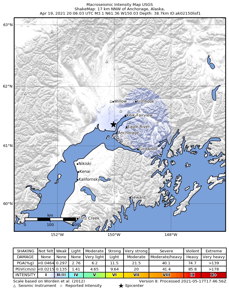 USGS ShakeMap: estimated shaking intensity around the epicenter
