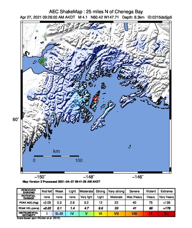 USGS ShakeMap: estimated shaking intensity around the epicenter
