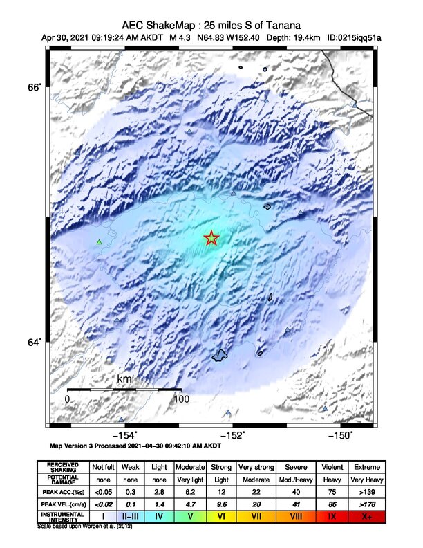 USGS ShakeMap intensity contours for the M4.3 earthquake near 40 km SSW of Tanana, Alaska