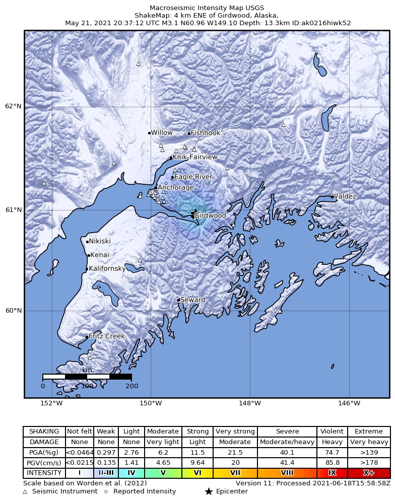 USGS ShakeMap intensity contours for the M3.1 earthquake near 4 km ENE of Girdwood, Alaska