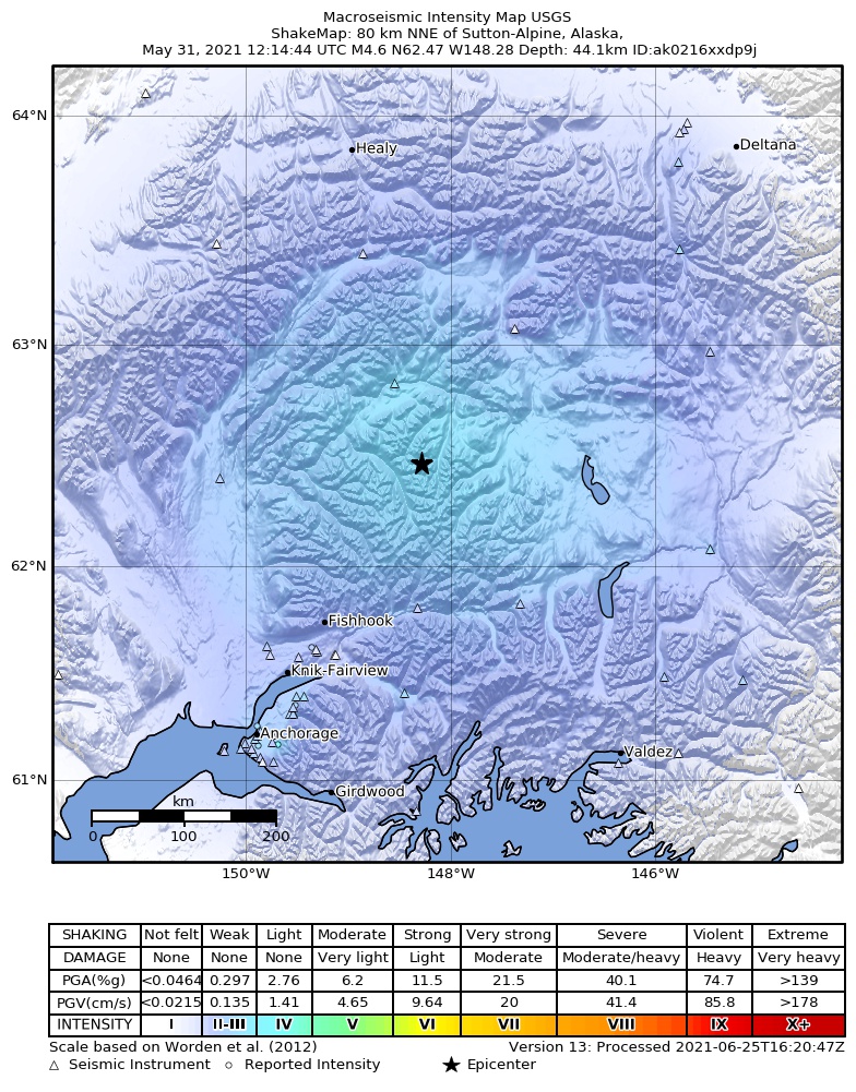 USGS ShakeMap: estimated shaking intensity around the epicenter