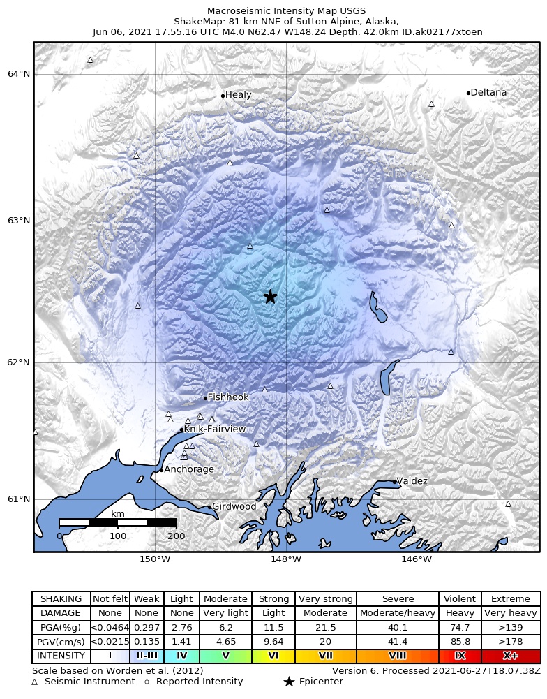 USGS ShakeMap: estimated shaking intensity around the epicenter