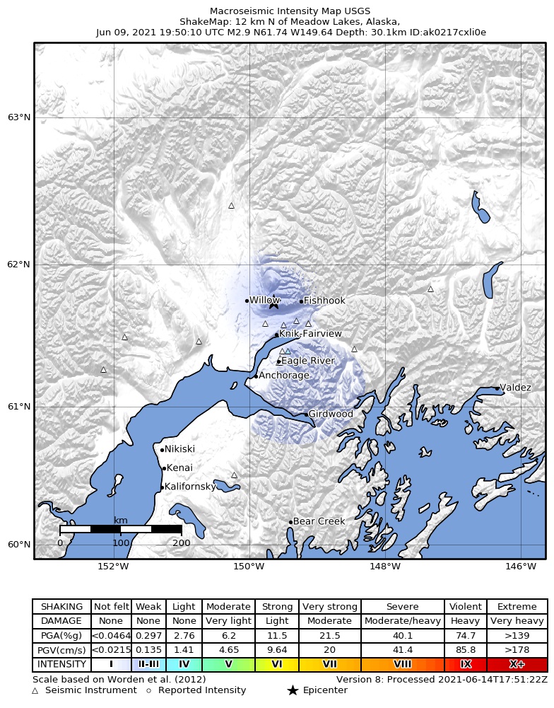 USGS ShakeMap intensity contours for the M2.9 earthquake near 12 km N of Meadow Lakes, Alaska