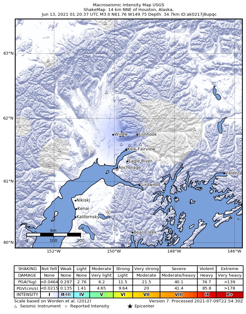 USGS ShakeMap: estimated shaking intensity around the epicenter
