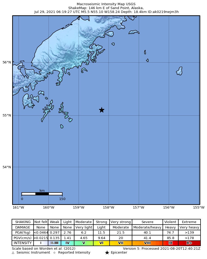 USGS ShakeMap intensity contours for the M5.5 earthquake near 106 km SSE of Perryville, Alaska