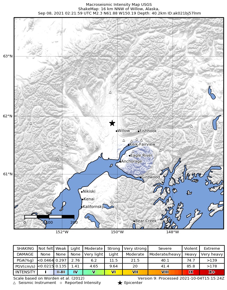 USGS ShakeMap: estimated shaking intensity around the epicenter