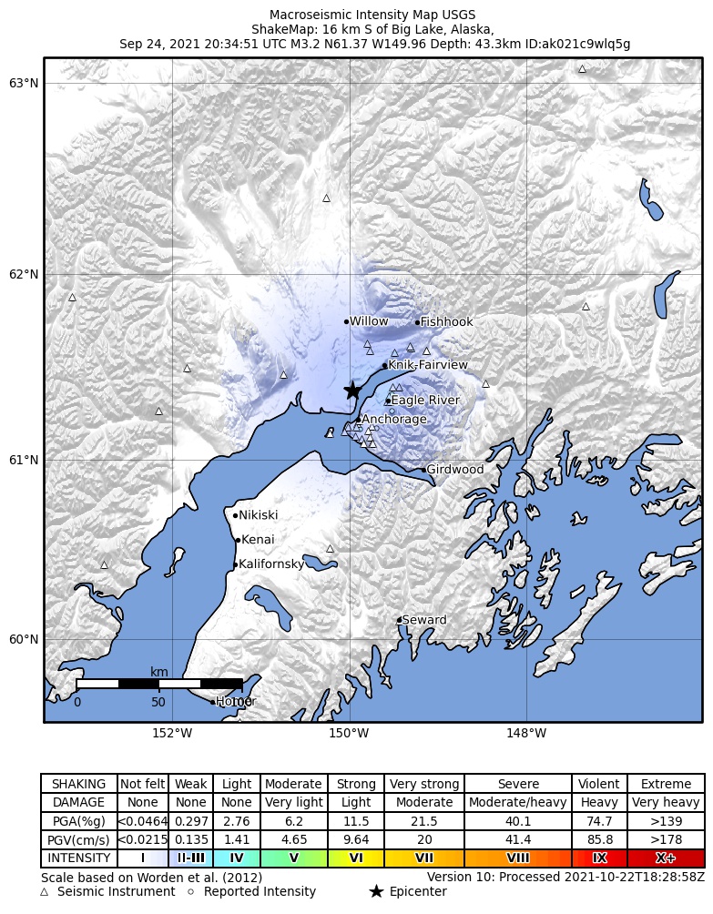 USGS ShakeMap intensity contours for the M3.2 earthquake near 1 km NNE of Point MacKenzie, Alaska