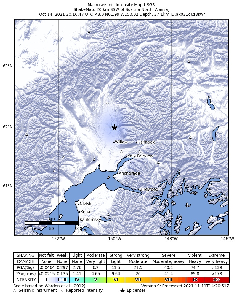 USGS ShakeMap intensity contours for the M3.0 earthquake near 21 km SSW of Susitna North, Alaska