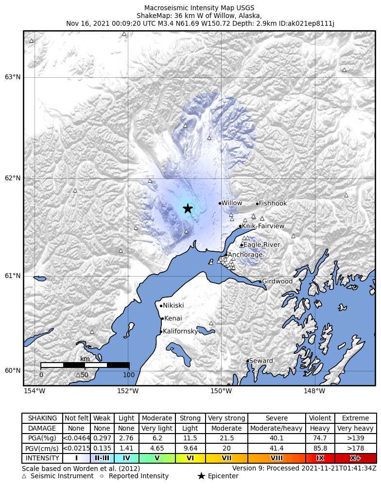 USGS ShakeMap: estimated shaking intensity around the epicenter