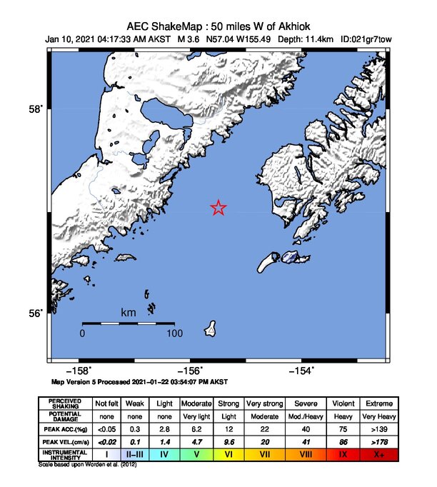 USGS ShakeMap: estimated shaking intensity around the epicenter