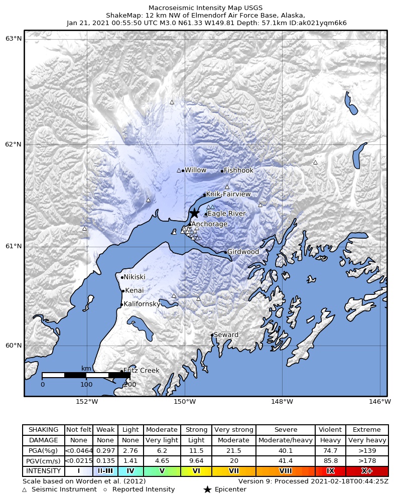 USGS ShakeMap: estimated shaking intensity around the epicenter