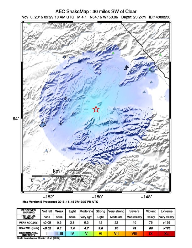 USGS ShakeMap: estimated shaking intensity around the epicenter