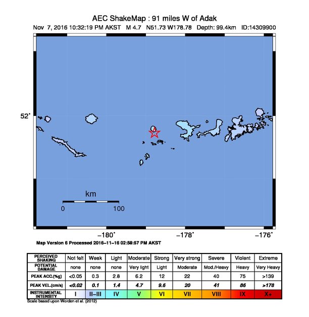 USGS ShakeMap: estimated shaking intensity around the epicenter
