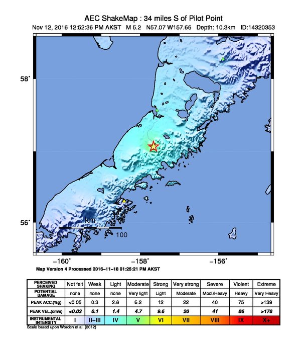 USGS ShakeMap: estimated shaking intensity around the epicenter