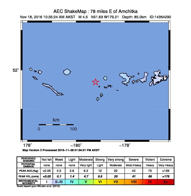 USGS ShakeMap: estimated shaking intensity around the epicenter