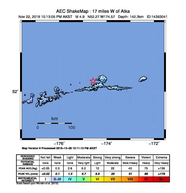 USGS ShakeMap: estimated shaking intensity around the epicenter